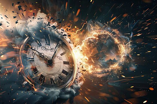 Antique pocket watch explodes revealing historic eras in cosmic surroundings