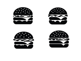 set of four black and white burger icons with varied toppings and layers, ideal for fast food branding, menu design, or culinary projects