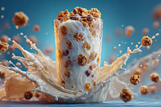 Glass of milk overflowing as cereal pieces splash outward against a blue gradient backdrop