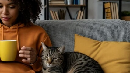A young woman sits on a couch with her cat, working on her laptop while enjoying a cup of coffee