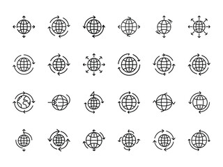 Bundle of Globe Icons with Arrows in Minimal Silhouette Style on White Background – Global Connection, Worldwide Navigation, and International Network Symbol Set
