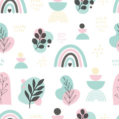 Abstract matisse inspired seamless pattern with colorful freehand doodles. Organic flat cartoon background, simple random shapes in bright childish colors