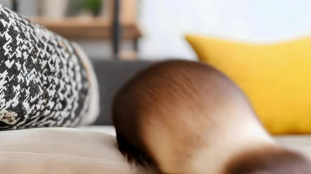 A cute ferret resting on a couch with patterned pillows in the background.