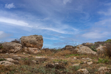 Expansive Arid Rocky Landscape with Scattered Boulders Under Blue Sky