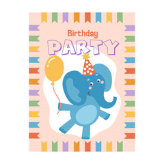 Cute colorful elephant birthday party invitation. Cartoon template kids. Hand-drawn vector illustration in flat style.