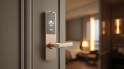 Naklejka premium Modern smart home system of door lock with Wifi icon and soft lighting effects