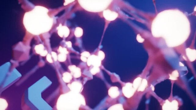 Abstract render of glowing spheres connected by thin lines with blue objects on a dark blue background