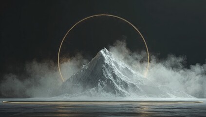 A snow-capped mountain peak shrouded in mist, encircled by a luminous golden ring, rests on a reflective surface against a dark background