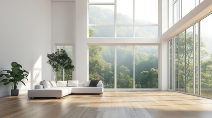 Minimalist living room with white walls and wooden floor, bathed in soft natural light. Serene simplicity in a spacious modern interior.