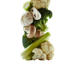 Freshly cut assortment of healthy vegetables including broccoli cauliflower garlic and mushrooms isolated on black