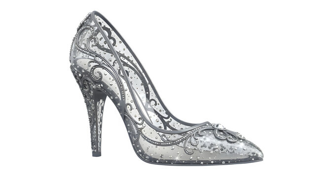 Cinderella glass slipper high heel shoe silver elegant fairytale princess fashion footwear formal prom party 100 on transparent background