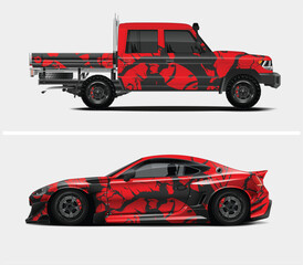 Red and Black Abstract Design on Pickup Truck and Sports Car