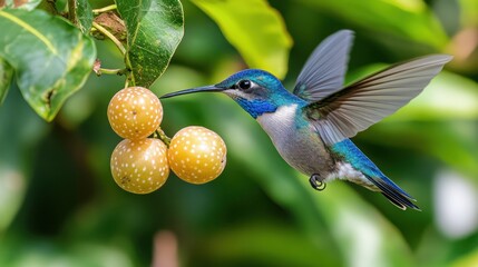 Fototapeta premium Hummingbird hovers, berries, leaves, blue neck, light grey