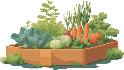 A digital illustration depicting a variety of vegetables growing in a wooden raised garden bed. The vegetables include carrots, cabbage, spinach, and various herbs. 