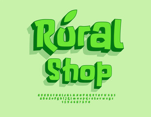 Vector Eco Advertisement Rural Shop. Green Comic Font. Creative 3D Alphabet Letters and Numbers set.