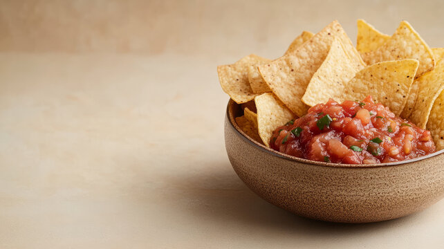 Bowl of tortilla chips with salsa dip on a neutral background.