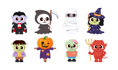 Obraz premium Cute cartoon style Halloween characters, dracula, zombie, skull, devil, pumpkin