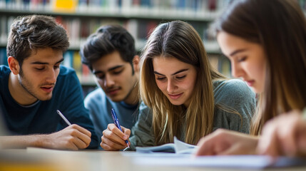 University students working on group project in library Close-up