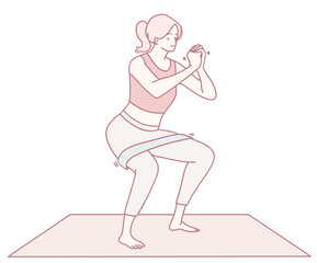 A woman demonstrates proper squat technique using a resistance band in her strength training routine