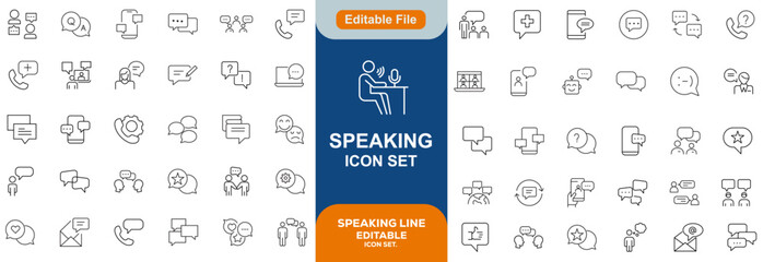 Speaking set of web icons in line style. Communication icons for web and mobile app. Containing people, communication, talking, discussion, speech bubble, team, support and more