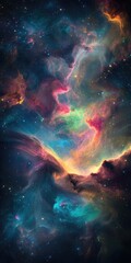 Colorful nebulae in deep space, with vibrant hues of pink, orange, and teal