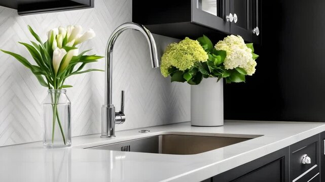 A modern kitchen with a sleek countertop, a sink, and decorative flowers in vases set against a black and white backdrop.