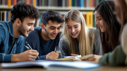 University students working on group project in library Close-up