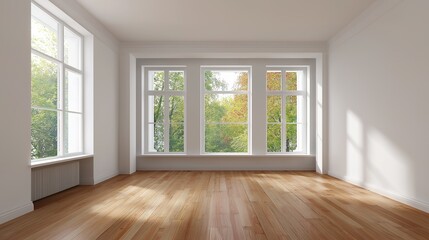 Fototapeta premium Minimalist living room with white walls and wooden floor, bathed in soft natural light. Serene simplicity in a spacious modern interior.