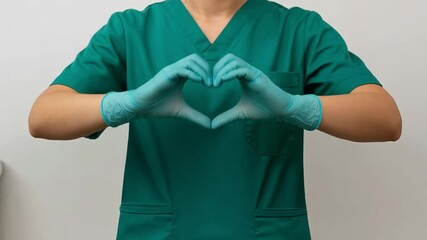 A female doctor wearing a mask and gloves makes a heart shape with her hands - Powered by Adobe