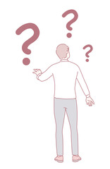 A figure depicted in a state of confusion is surrounded by numerous question marks, symbolizing uncertainty and doubt