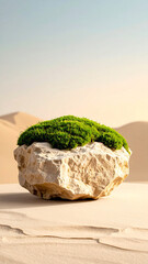 Desert Oasis: A vibrant patch of moss thrives atop a rugged stone amidst the vast expanse of a desert, symbolizing resilience, life, and harmony.