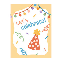 Cute colorful birthday card celebrate. Cartoon template kids. Hand-drawn vector illustration in flat style.