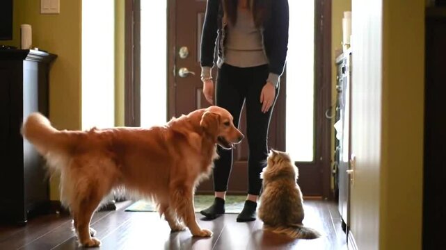 a woman in business attire enters her cozy home after a long day at work, greeted by her excited pet dog and cat. 4k video