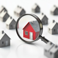 Lente di ingrandimento che mette il focus su una casa. Acquisto di una casa.
