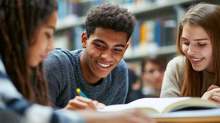 University students working on group project in library Close-up