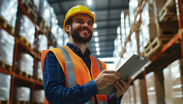 Supervisor smiling and taking notes in large industrial warehouse