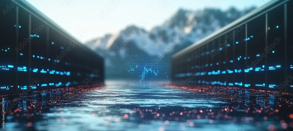 Poster vast storage network with server stacks and data transfer on mountains for global information