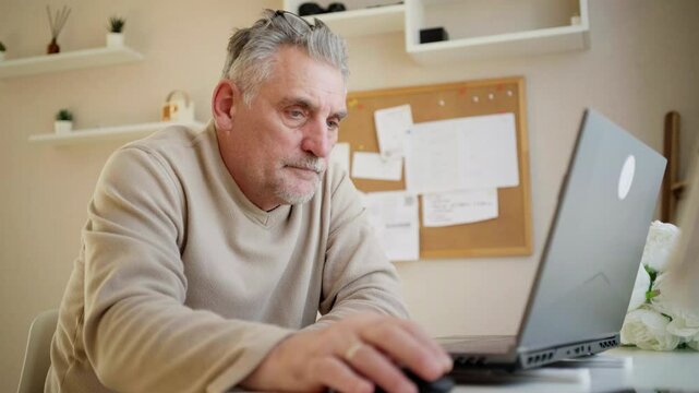 An elderly man exploring modern technology, learning to use new gadgets with curiosity and determination. A heartwarming scene of digital adaptation, learning, and intergenerational growth