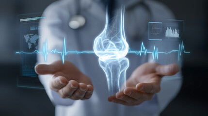 Holographic of human knee with real-time stress analysis on hands of a doctor, Health and technology concept
