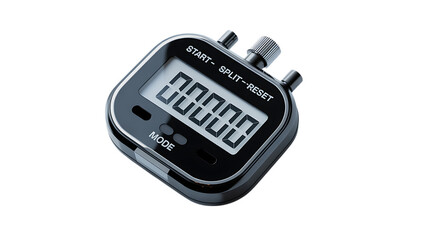 Professional black digital stopwatch displaying zero time with a metallic finish isolated against a black background