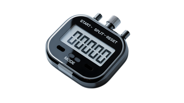 Professional black digital stopwatch displaying zero time with a metallic finish isolated against a black background