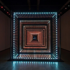 Infinity mirror with LED lights turned on in a dark room.