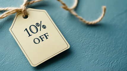 Discount price tag offering 10% off on teal background.