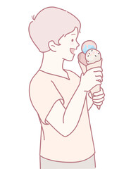 A boy joyfully enjoys his creamy ice cream cone, capturing the essence of childhood delight on a summer day