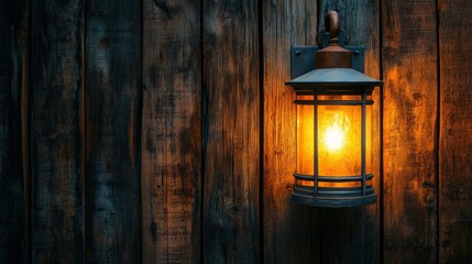 Lit lantern on aged wood planks, warm glow