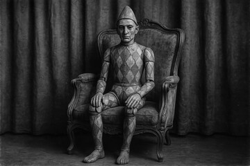 Monochrome: A vintage wooden harlequin or pierrot doll sits forlornly on an ornate armchair against a dark, draped background. Eerie, melancholic, theatrical.