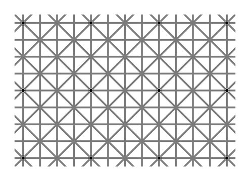 Try to see all 12 dots at once, optical illusion. Your brain will not let you see all 12 dots at once in the grid intersections. Scintillating grid illusion, a variation of the Hermann grid illusion.