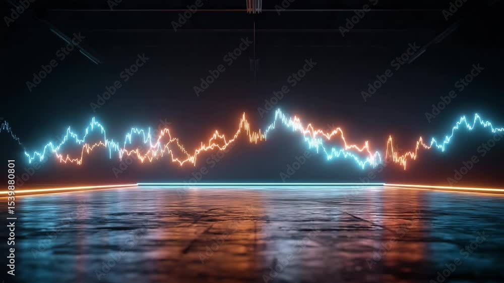 Poster a glowing neon line graph with blue and orange peaks displayed on a reflective dark surface in a fut