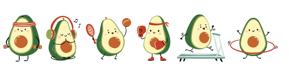 A set of flat vector illustrations in a simple children's style. Cute avocados with muzzles hands and feet are playing sports. Vector illustration