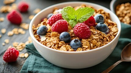 Muesli bowl Berries, mint, and healthy grains close-up